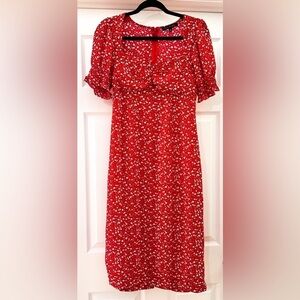 Ryan Michelle Floral Puff Sleeve Sweetheart neckline Vintage Midi Dress Red sz M